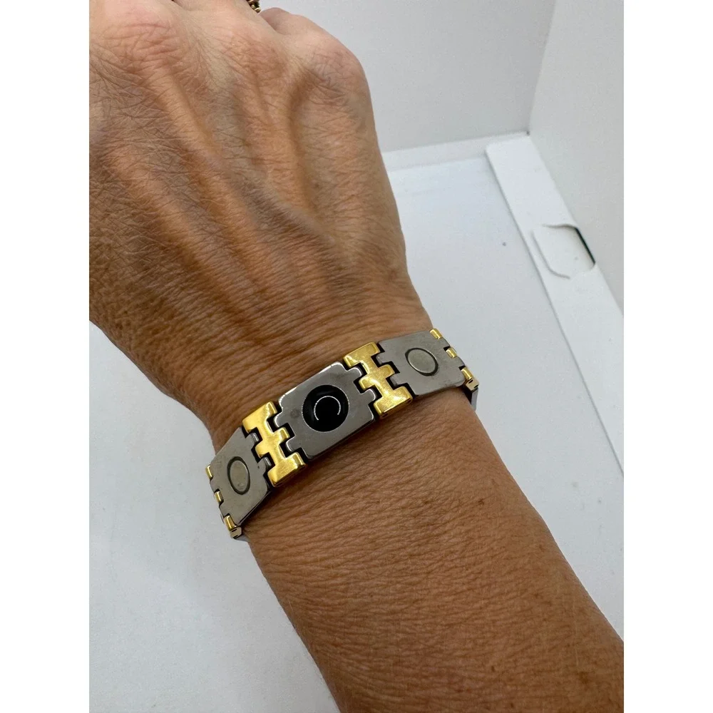 Tungsten Two Tone Magnetic Link Bracelet Silver Gold Tone 8 Inch